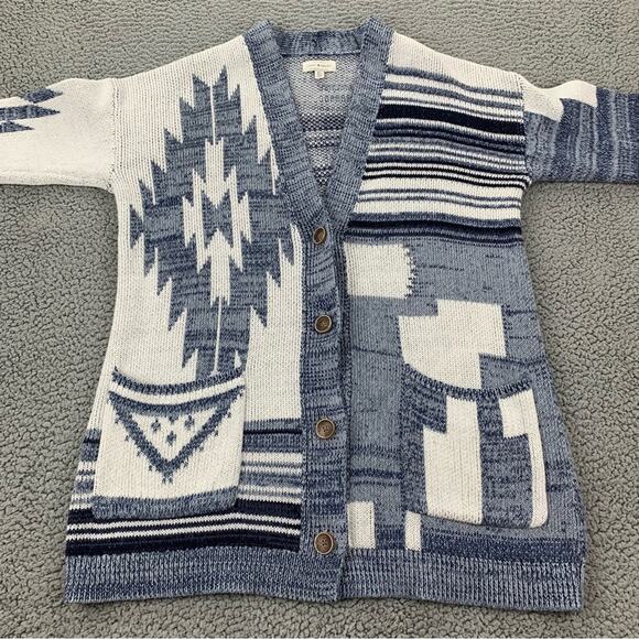 Lucky Brand Blue/White Aztec Print Button-Down Sweater - Picture 5 of 16